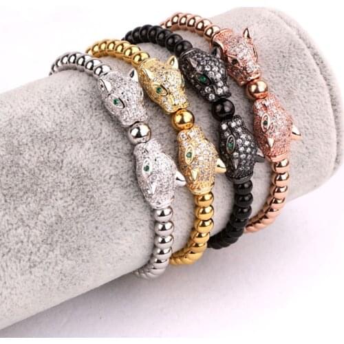 High Quality CZ Micro Pave Leopard Charm Stainless Steel Beads Adjustable Bracelet Men Women