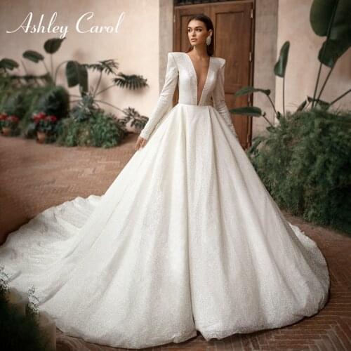 Ashley Carol Long Sleeve Wedding Dress 2021 Sparkling A-Line Beach Bride Dresses V-Neck Cathedral Bridal Gowns Vestido De Noiva