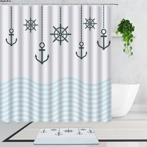 Fabric Boat Anchor Nautical Theme Shower Curtains Simple Art Decor Bathroom Set Non-Slip Carpet Mats Rug Bath Curtain With Hooks