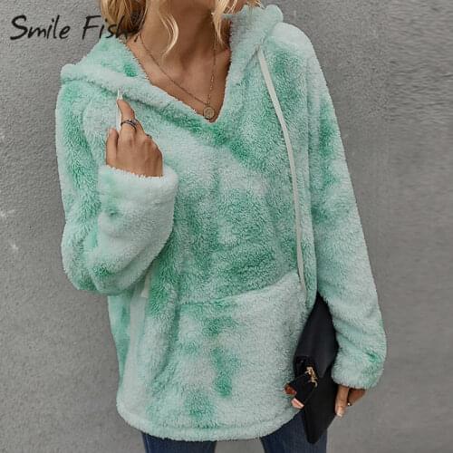 Casual Women Hoodies Winter Lady Autumn Hoodies Drawstring Hooded Teddy Fleece Pullovers Tie Dye Print Pockets Sweatshirts G1941