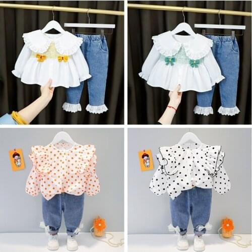 Girls Dot Print Tops+Pants Denim 2 Pcs Children Clothes Infant Girls Spring Summer Clothing Children Outfit