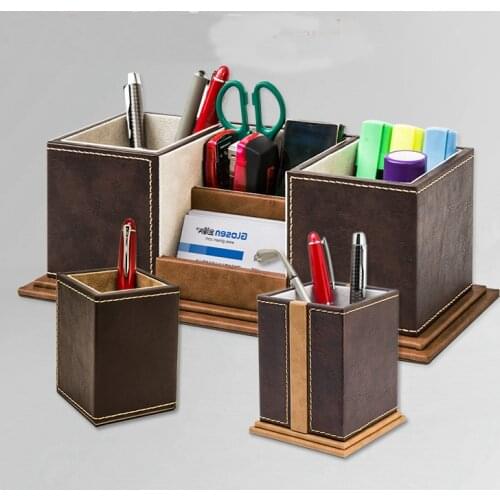 High-grade wooden leather pen holder cute pencil case tv remote control makeup stationery organizer desktop organizer set 1095