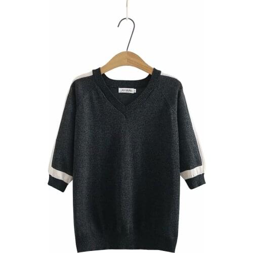 Plus size Bright silk ice silk knitted women tshirts 2021 summer casual V-Neck drop-shoulder sleeve ladies t shirts female top