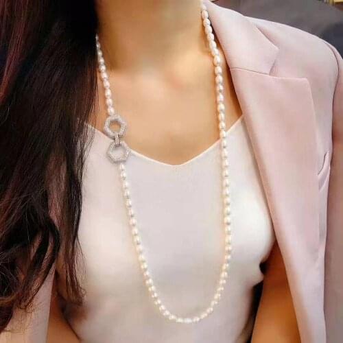 Womens jewelry 8-9mm 80cm micro inlaid zircon accessories white rice freshwater pearl necklace