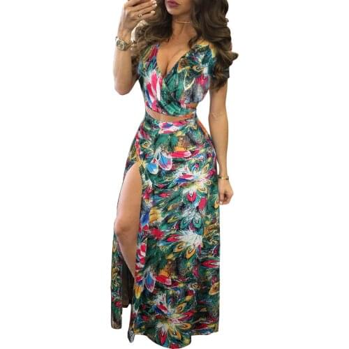 Women Two Piece Bohemian Dress Floral Print Sexy Wrap V Neck Short Sleeve Crop Top High Slit Maxi Beach Dresses Vestido
