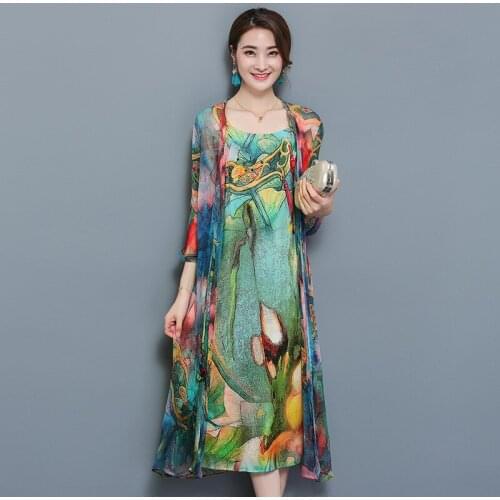 Large Size 3XL 4XL Women 2 Piece Set Women Autumn Natioanl Print Sling Dress + Open Stitch Cardigan Suit Elegant Chiffon Vestido