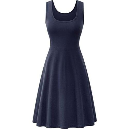 Women Summer Knee Length Sleeveless O-neck Camisole Solid Color Knitting Big Hem Casual A Line Dress