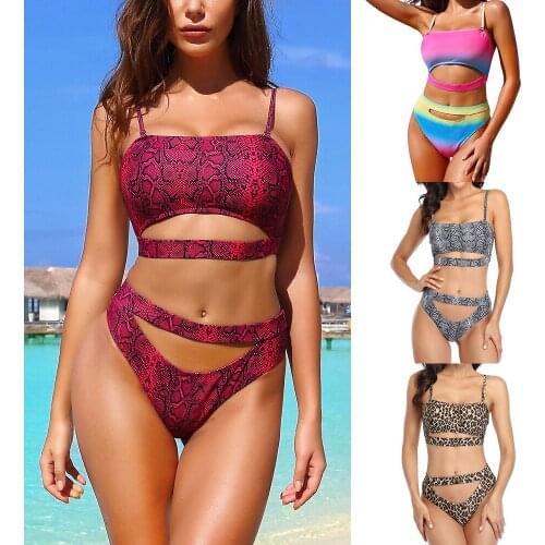 Serpentine pattern thin belt bikini rainbow print beach suit sexy cutout suit swimsuit women two piece swimsuit