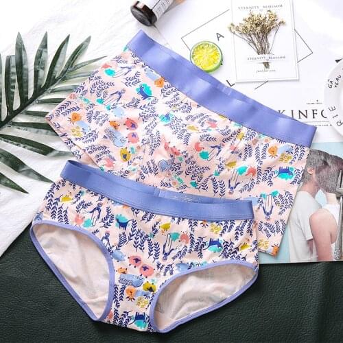 2pcs/set Couple Underwear Cotton Cartoon Lovers Male Boxer Shorts Women Panties Sexy Breathable Underpants