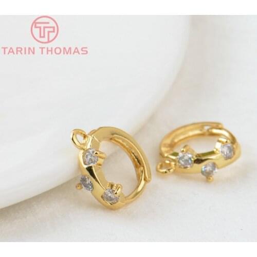 6PCS 12MM Hole 1.5MM 24K Gold Color Brass with Zircon Round Earrings Hoop Earring Clip High Quality DIY Jewelry Making Findings