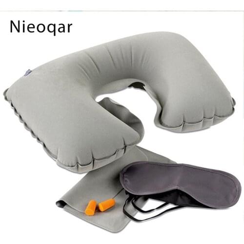 3 In 1 Inflatable Cervical Pillow Outdoor Inflatable Pillow Travel Air Pillow Sex U Shape Neck Pillow Earplugs Eyeshade 3Pcs