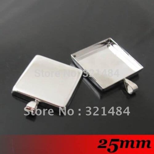 Free ship! 100piece 25mm Silver Plated Tone Metal Square Pendant blanks and base trays bezel cameo cabochon setting