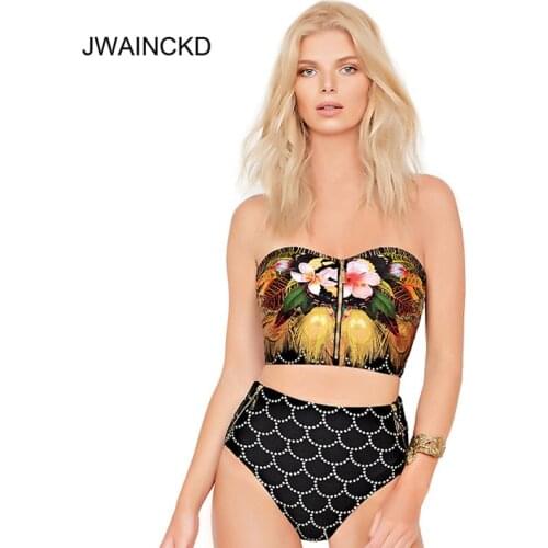 JWAINCKD Bikini 2019 Mujer Off Shoulder Front Zipper Bikinis Set Vintage Retro Swimsuit High Waist Biquini Bathing Suit Swimwear
