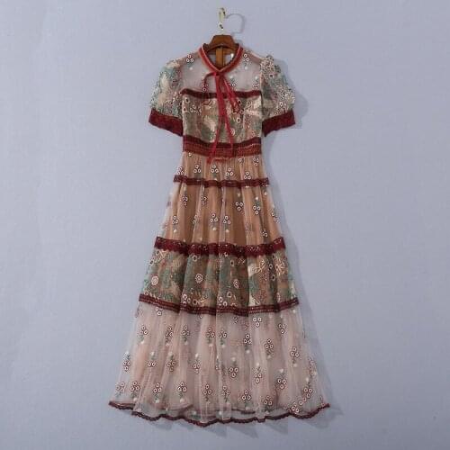 And American womens European wear 2021 summer new style Short - sleeved standneck flower embroidered with patchwork lace dress