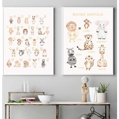 Canvas Painting Safari Animals Nursery Posters ABCs Alphabet Wall Art Print Educational Kids Pictures Modern Baby Room Decor