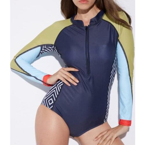 Long Sleeve Swimsuit Patchowrk One Piece Swimwear Rash Guard 2018 Women Zipper Bathing Suit Surfing Bodysuit Swim Suits Monokini