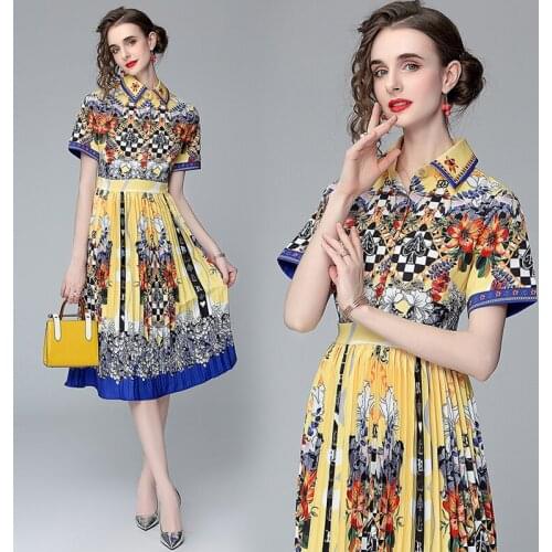 Summer Womens New Style Pleated Temperament Mid-length Short Sleeve Geometric Print Pleated Dress