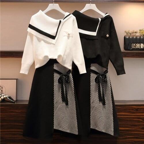 Fashion autumn and winter knitted two piece suit 2020 new womens sweater + irregular striped knitted skirt party two piece sets