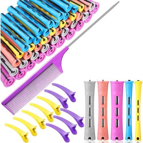Hair Perm Rods Set,60 Pcs Hair Rollers Short Cold Wave Rods Perming Curlers with Triangle Hair Net Partition Hairpin Parting
