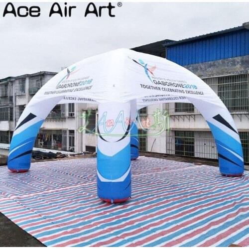 Custom white and sky blue inflatable spider dome tent with logos 4 beams 6m diameter inflatable spider tent for sports