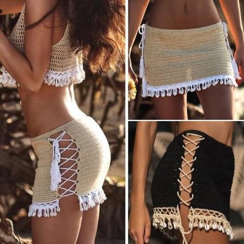 2019 New Sexy Crochet Beach Skirt Cotton Swimsuit Fused Skirt Casual Beach Running Lace See Through Slim Mini Skirts