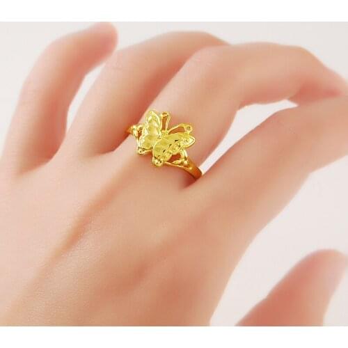New Fashion Jewelry Real 24K Gold Plating Rings Butterfly Yellow Gold Color Rings for Women Girls Party Jewelry Size 7/8/9/10