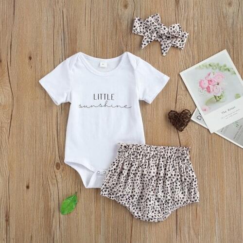 3Pcs Newborn Baby Girls Casual Outwear Short Sleeves Jumpsuits + Leopard Print Shorts + Headband Toddler Cotton Summer Clothes
