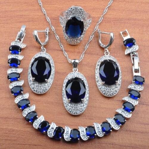 Luxurious Bridal jewelry Blue Cubic Zirconia Jewelry Sets Women Earrings Necklace Pendant Ring Bracelets JS0301