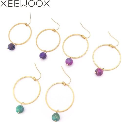 XEEWOOX 2019 New Round Gold Earrings Semi-precious Boho Earrings Amazonian Stone Simple Vintage Earrings Geometry Drop Earrings