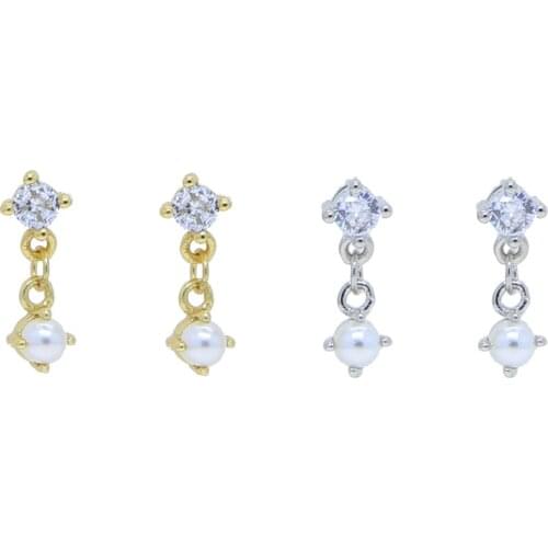 Multi piercing 925 silver jewerly tiny clear cubic zirconia cz fresh sea pearl beads 925 sterling earring