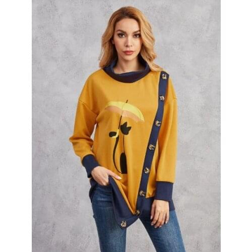 Autumn New Product Europe and America Large Size Womens Button Patchwork Asymmetric Large Size Sweatshirt