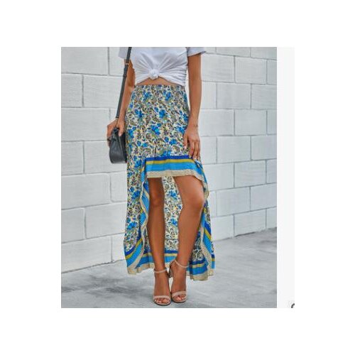 1pcs/lot Boho Print Long Skirts Women Summer Beach Elastic Waist Ethnic Plus Size Ladies Skirt