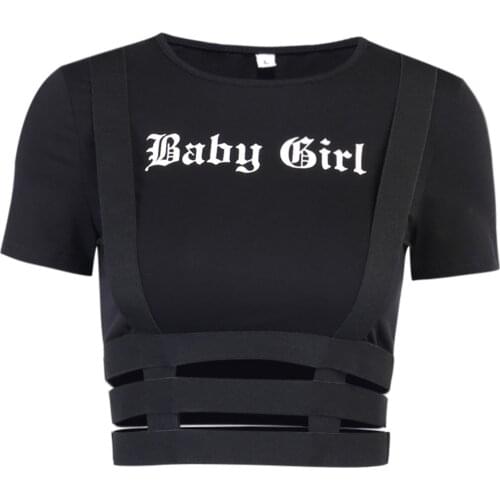 Punk Street Sexy Letter Print Short T-Shirt Women Short Sleeve Crew Neck Skinny Hollow Out Crop Top Streetwear Summer Tops