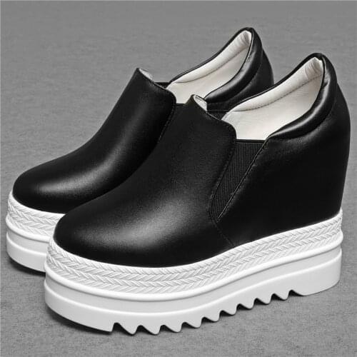 12cm High Heel Fashion Sneakers Women Genuine Leather Wedges Ankle Boots Female Round Toe Chunky Platform Creepers Casual Shoes