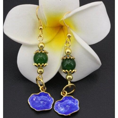 Womens Fashion Gold-color Cloisonne Drop Earrings New Arrival Brand Dangle Earring for Women Green Stone Ear Jewelry B2622