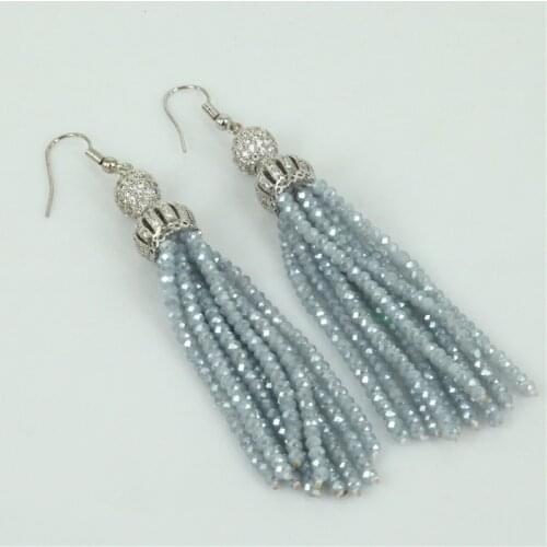 Bohemia white cz pure gold color crown connector charms with 2mm grey beads 10 rows tassels dangle earrings for women
