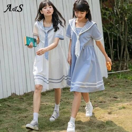 Anbenser Japanese Style Women Sweet Kawaii A-line Fashion Dress Knee-Length Cute Empire Preppy Style Sailor Collar College Dress