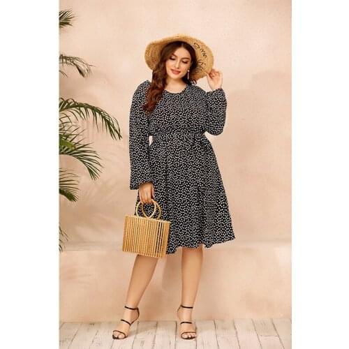 DOIB Black Polk Dot Dress Women Plus Size Full Lantern Sleeve Sashes Large Size Autumn 4XL Loose Casual Dress