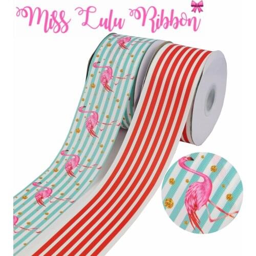 16mm-75mm Geometric Stripes Pink Flamingo Printed Grosgrain/Foe Ribbon Spot DIY Hair Bowknots Party Decor 50yards/roll