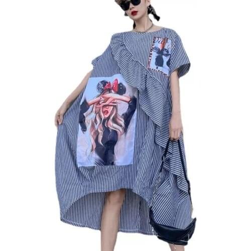 2021 Character Print Striped Dress Women Summer Irregular Women Dress Plus Size 3XL 4XLKnee-Length Dress Casual