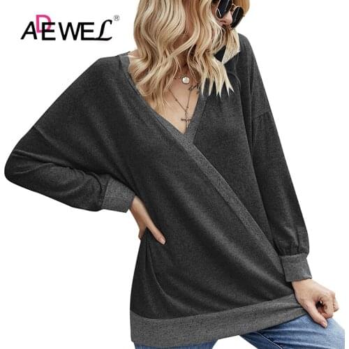 ADEWEL 2020 Autumn And Winter V Neck Contrast Off Shoulder Pocket Push Up Top Ropa De Mujer Plus Size Oversized T Shirt 2XL