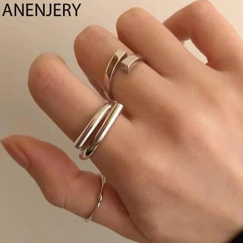 ANENJERY 925 Sterling Silver Geometric Golden Ring Creative Design Men Women Open Ring Jewelry Gift S-R1042