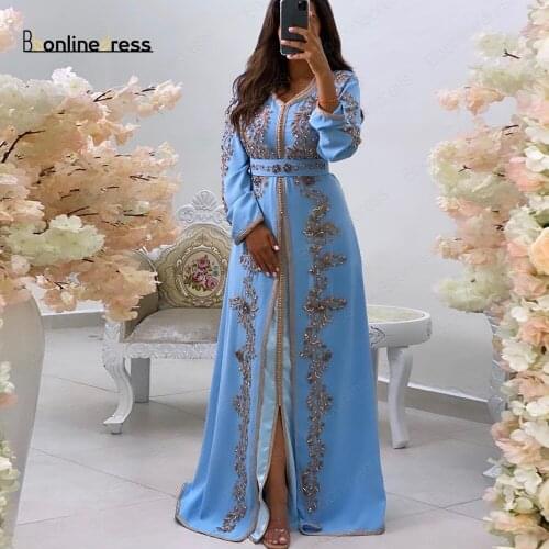 Bbonlinedress Moroccan Caftan Evening Dresses Embroidery Crystal Beaded Evening Dress Sleeve Arabic Muslim Party Dress Plus Size