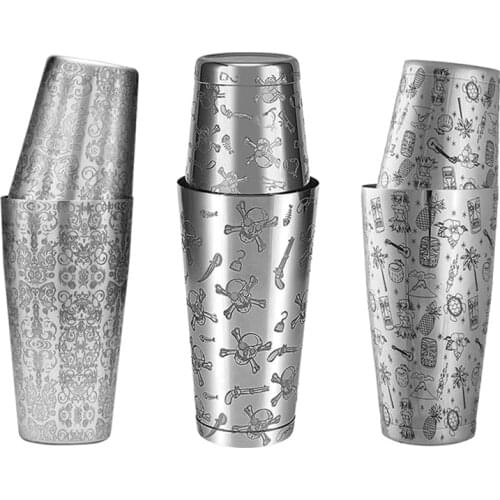 New Style Boston Cocktail Shaker With Etched Pattern Tin Set - 800ml & 500ml