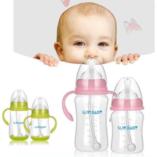 300/240ml Newborn Baby Kids Milk Bottle with Silicon Nipple Pacifier Anti-dust Cover with Plastic Anti-hot Handle for Feeding