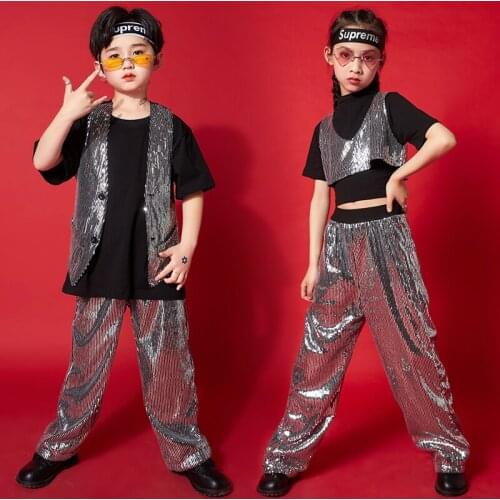 Kids Concert Hip Hop Clothing Sequin Sleeveless Jacket Tank Tops T Shirt Streetwear For Girl Boy Singers Jazz Dance Costume