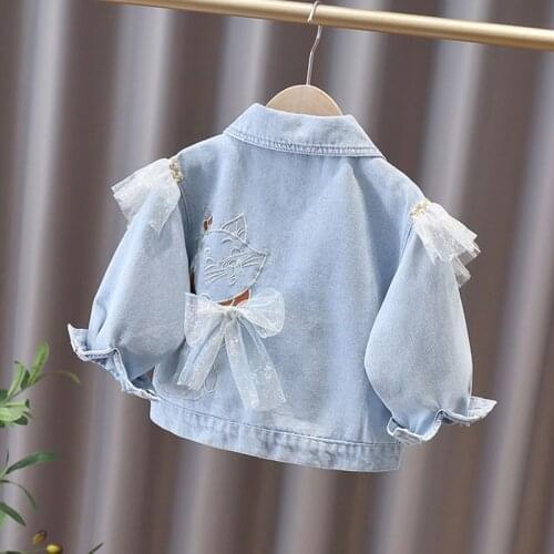 Spring Autumn Baby Girls Denim Coats Cartoon Cat Children Lace Princess Embroidery Coats Casual Outerwear Fashion Kids Jacket
