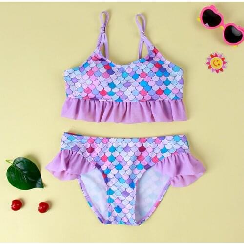 Girls Swimsuit 2-7years Two Piece 2021 New Children Swimwear Meimaid Lobely Ruffle Rainbow One Piece Fashional Swimsuit
