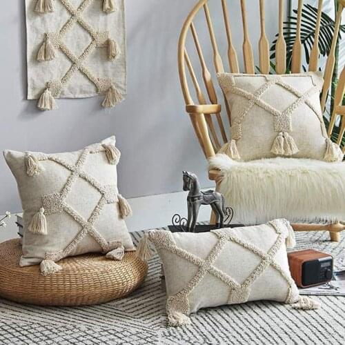 Linen cushion cover 45x45cm/30x50cm pillow cover Beige Boho Style Tassles for Home decoration Netural Living Room Bedroom