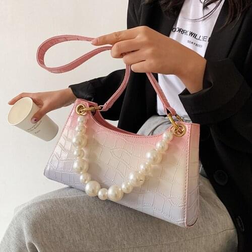 2021 Fashion Trend Women Pearl strap Crossbody Bag Faux Leather Shoulder Handbag Classic Crocodile Pattern Zipper Solid Purse